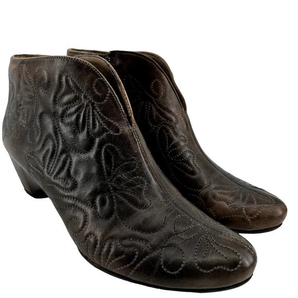 Pikolinos Embroidered Ankle Boots Heeled Slip On Almond Toe Brown EU 38 US 7.5 - Picture 1 of 6